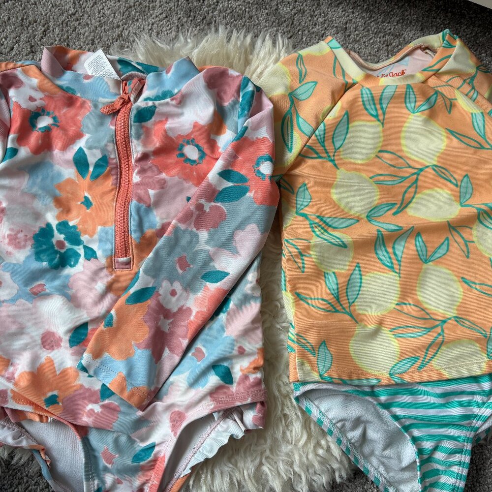 Two for One Girls 2T Swimsuits. Abstract Flower one-piece, and Lemons 2-piece